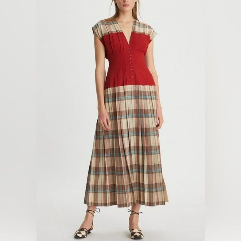 T-178. Tory Burch Madras Plaid Silk Clear Dress McCardell Madras Plaid Red US 4 - Picture 2 of 11